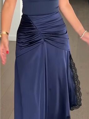 Navy Ruched Satin Maxi Skirt with Lace Side Panel